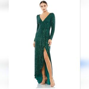 NWT Green Sequined Faux Wrap Long Sleeve Gown padded bra